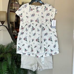 Brand New Carter’s Floral Peasant Top & Jumping Beans Khaki Rolled Cuff Shorts